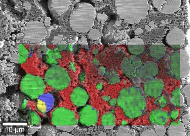 高速サイクルのリチウムイオン電池の正極のRISE（Raman-SEM）画像