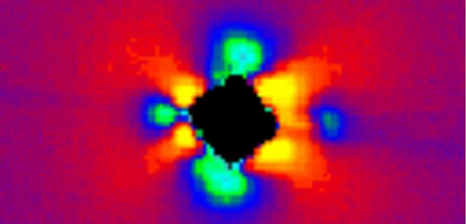 ピークの波数シフトから画像化したSiの応力青: 引っ張り応力; 黄: 圧縮応力