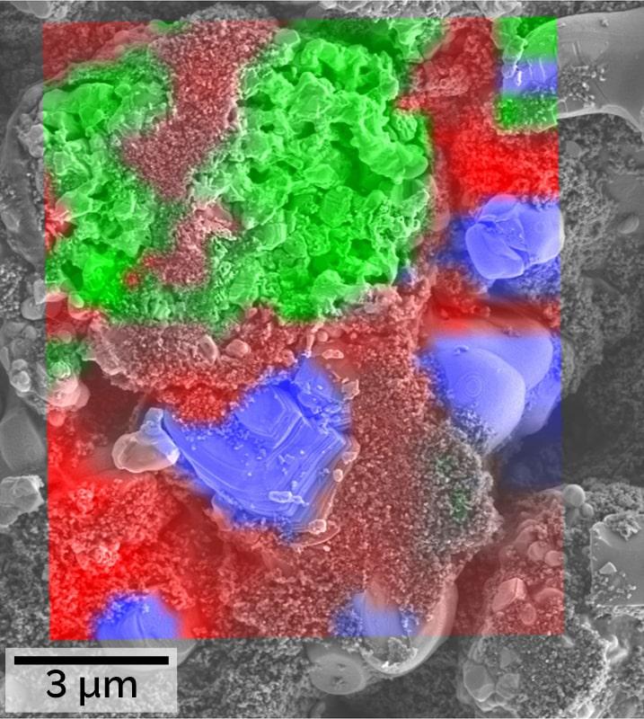 リチウムイオン電池(LIB)正極のRISE (ラマン-SEM) イメージ